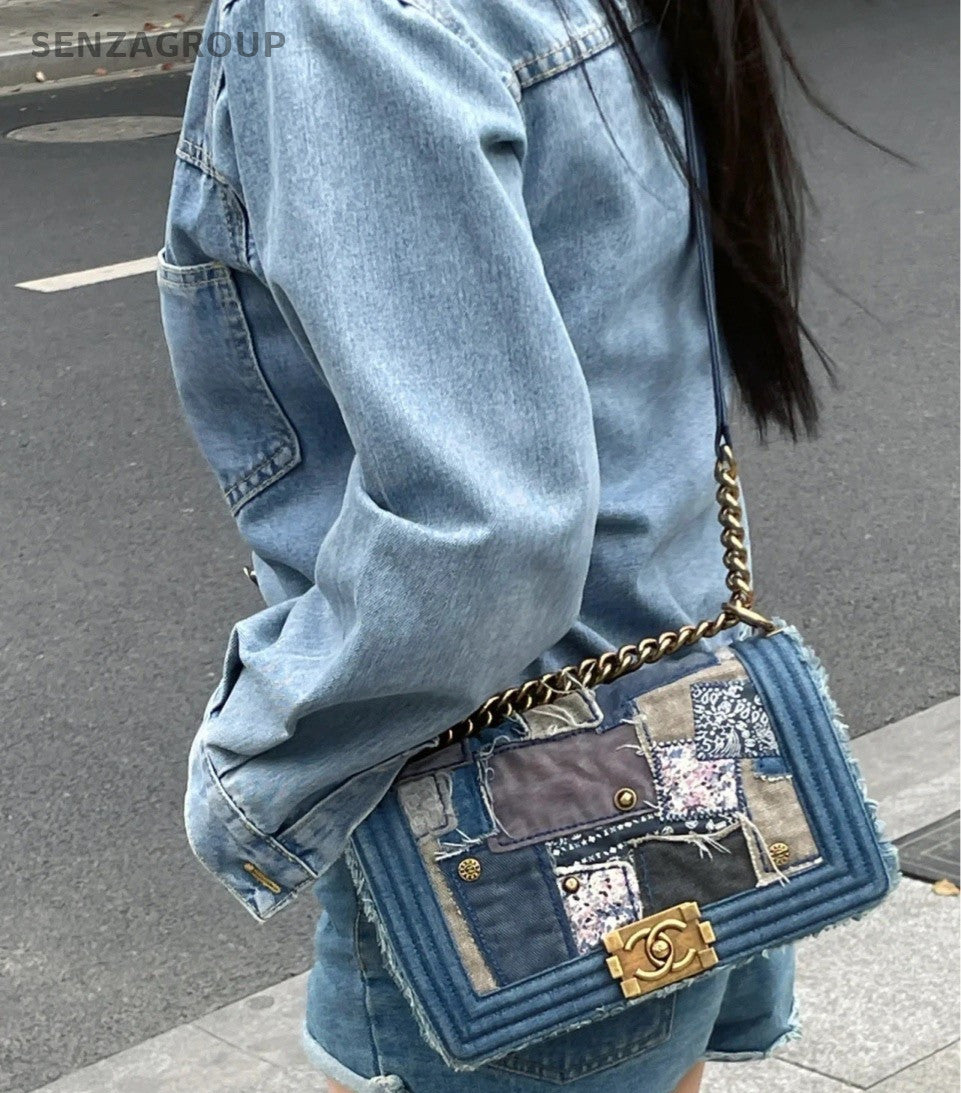 Chanel Leboy MM Denim Blue Chain Shoulder Bag Crossbody Gold Women Classic