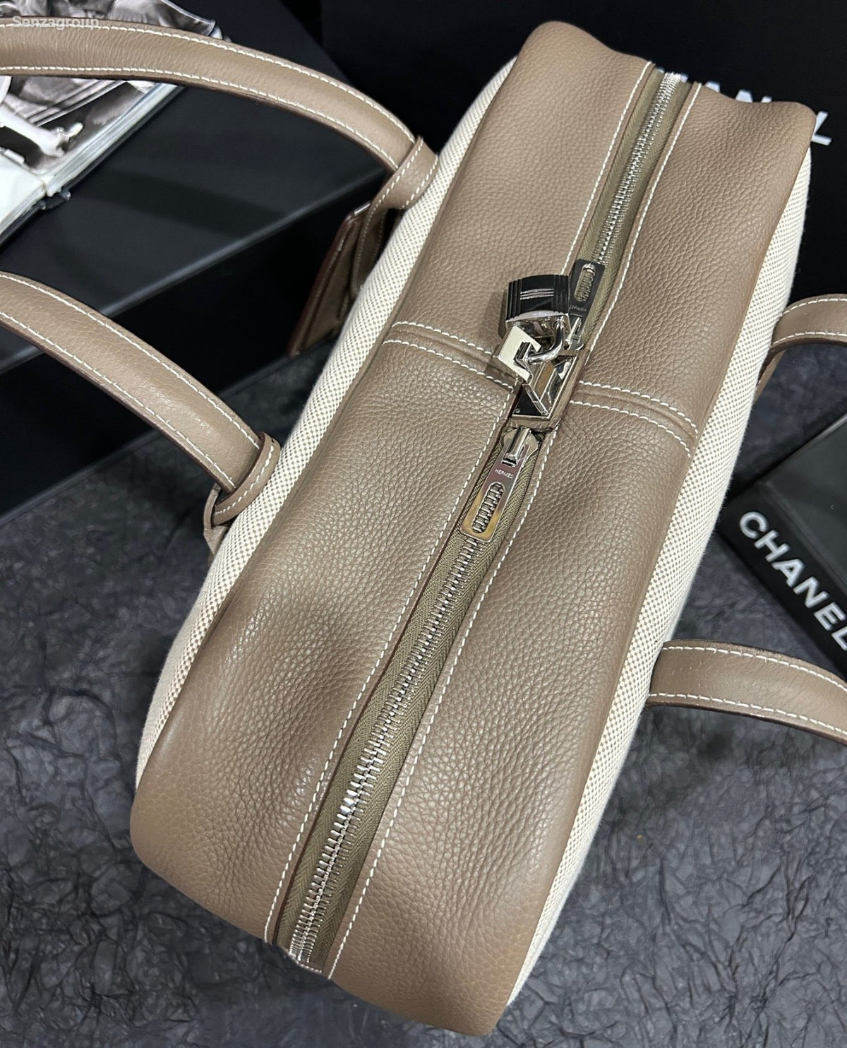 Hermes Victoria35 Top Handle Bag Canvas Beige Brown Silver Used Women Classic