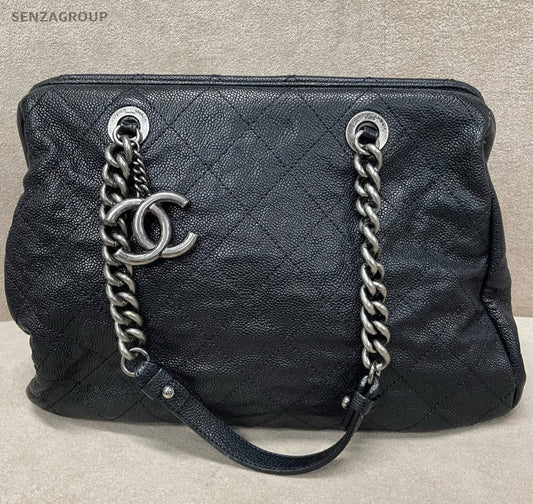 Chanel Bolide Calfskin Chain Shoulder Bag Black Silver Women Classic Diamond