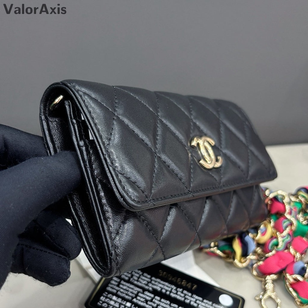 Chanel Diamond Lambskin Chain Crossbody Black Gold Women Classic