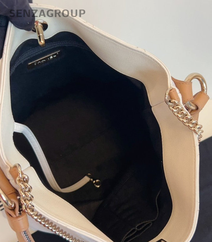CHANEL Calfskin Bucket Diamond pattern Cream White 2way Chain Shoulder bag Women