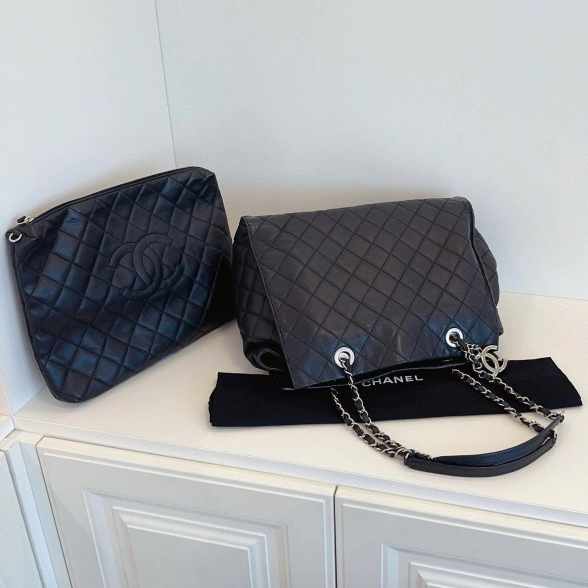 Chanel Calfskin Tote Chain Shoulder Bag Black Silver Diamond Women Classic
