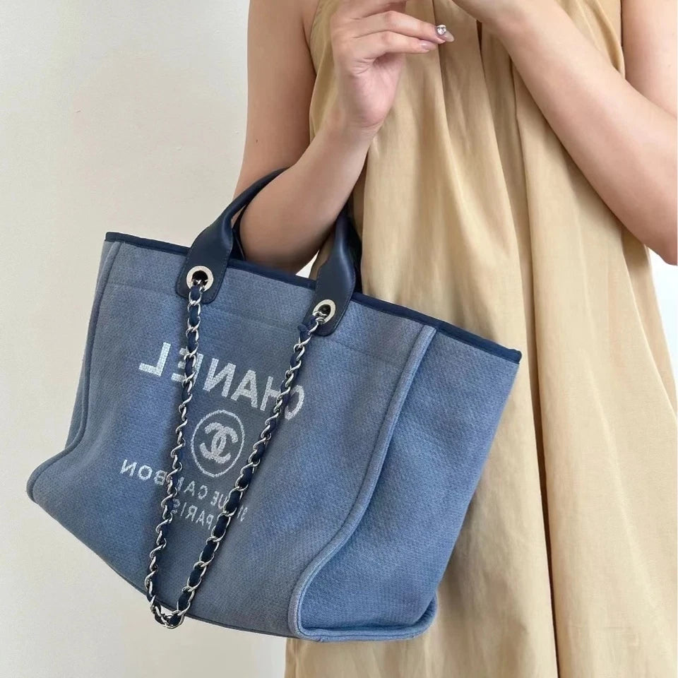 CHANEL Large Blue Beach Tote Bag For Women Travel Commute