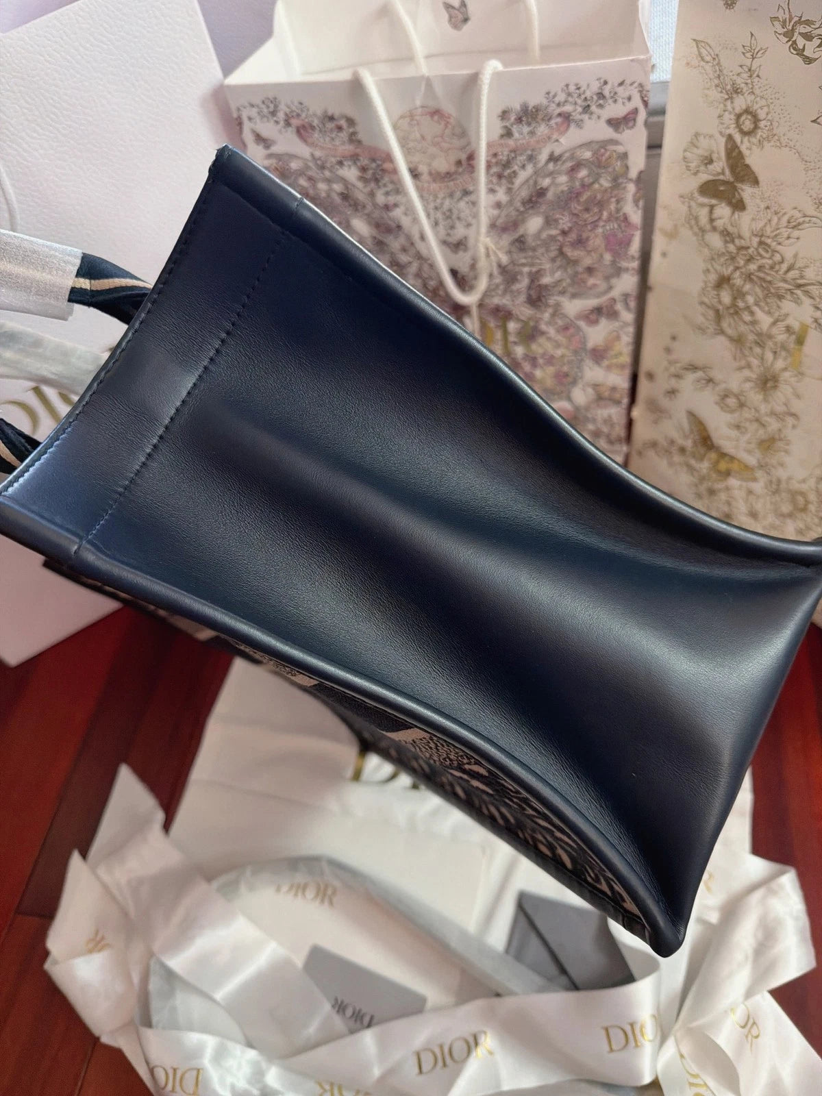 Excellent Christian Dior Book Tote MM Oblique Canvas Blue Handbag Shoulder Bag