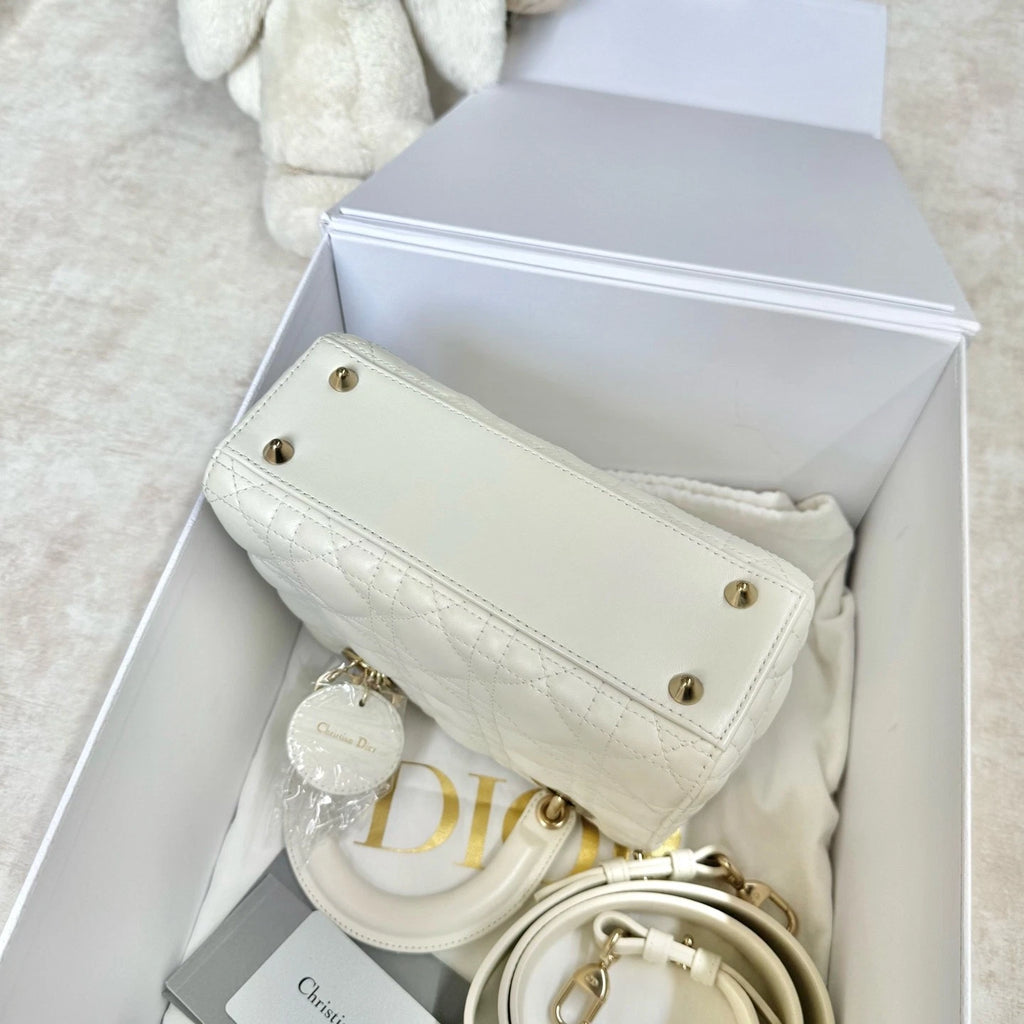 Dior White Leather 4-Grid Lady Dior Top Handle Bag For Women