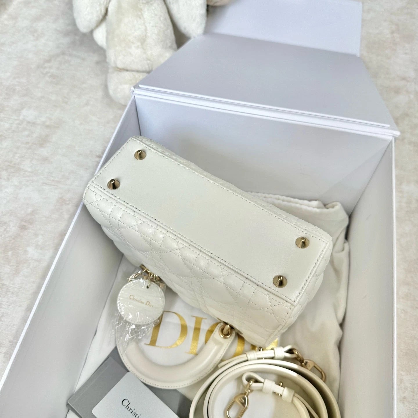 Dior White Leather 4-Grid Lady Dior Top Handle Bag For Women