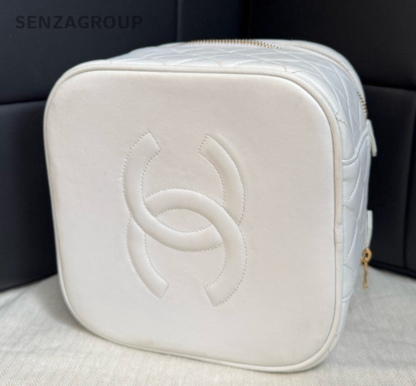 Chanel Diamond 2Way Top Handle Bag Chain Crossbody White Gold Women Classic