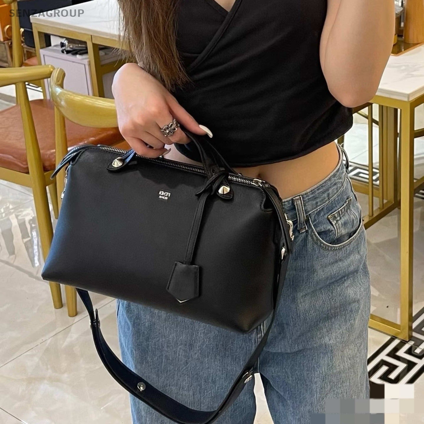 Fendi By the way MM Top Handle Shoudler Crossbody Bag Blue Women