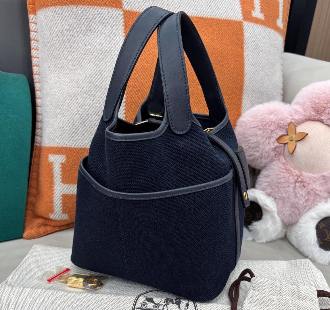 Hermes Cargo Picotin18 Top Handle Bag Blue Gold Used Women Classic Fashion