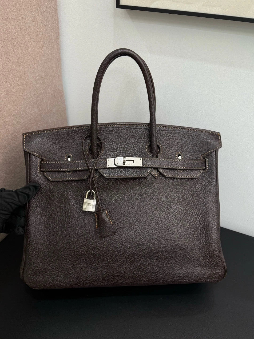 Authentic Hermes Birkin 35 Ebene Brown Water Buffalo Leather Top Handle Bag SHD
