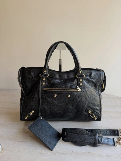 Balenciaga City MM Black 2Way Handbag Crossbody Gold Hardware