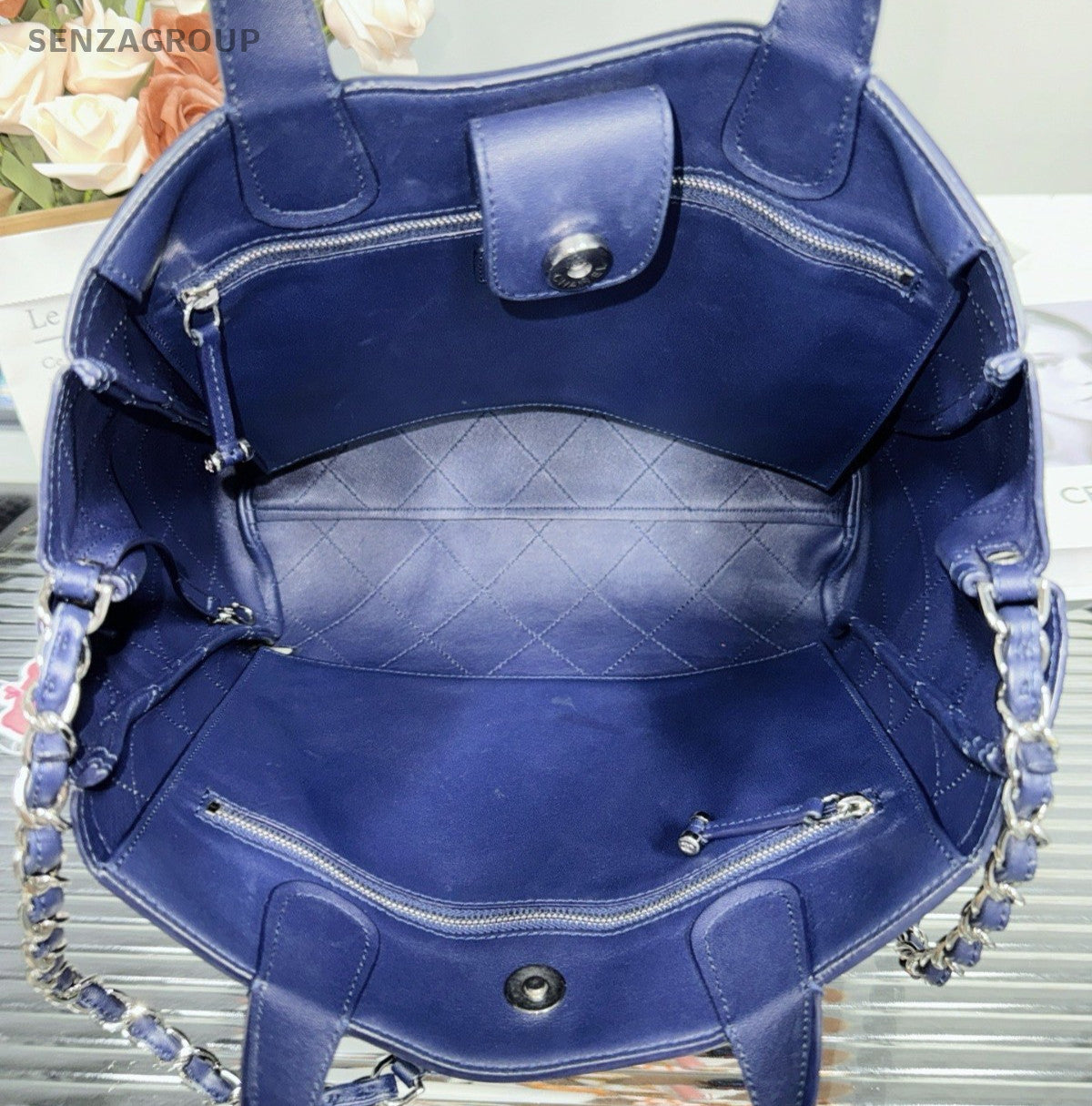 Chanel Calfskin Tote Handbag Chain Shoulder Bag Blue Silver Women Classic