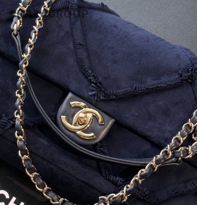 Chanel Classic Flap Suede Leather Chain Shoulder Bag Blue Gold Used Women
