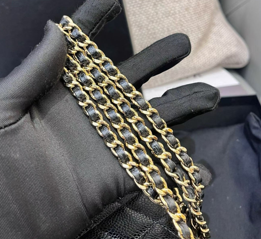 Chanel WOC Chain Crossbody Shoulder Bag Black Gold Diamond Women Classic