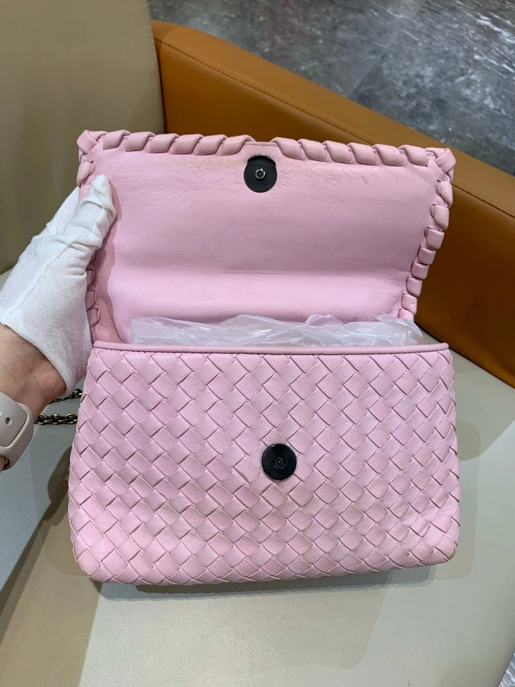 Bottega Veneta Small Olympia Pink Woven Lambskin Shoulder Crossbody Women