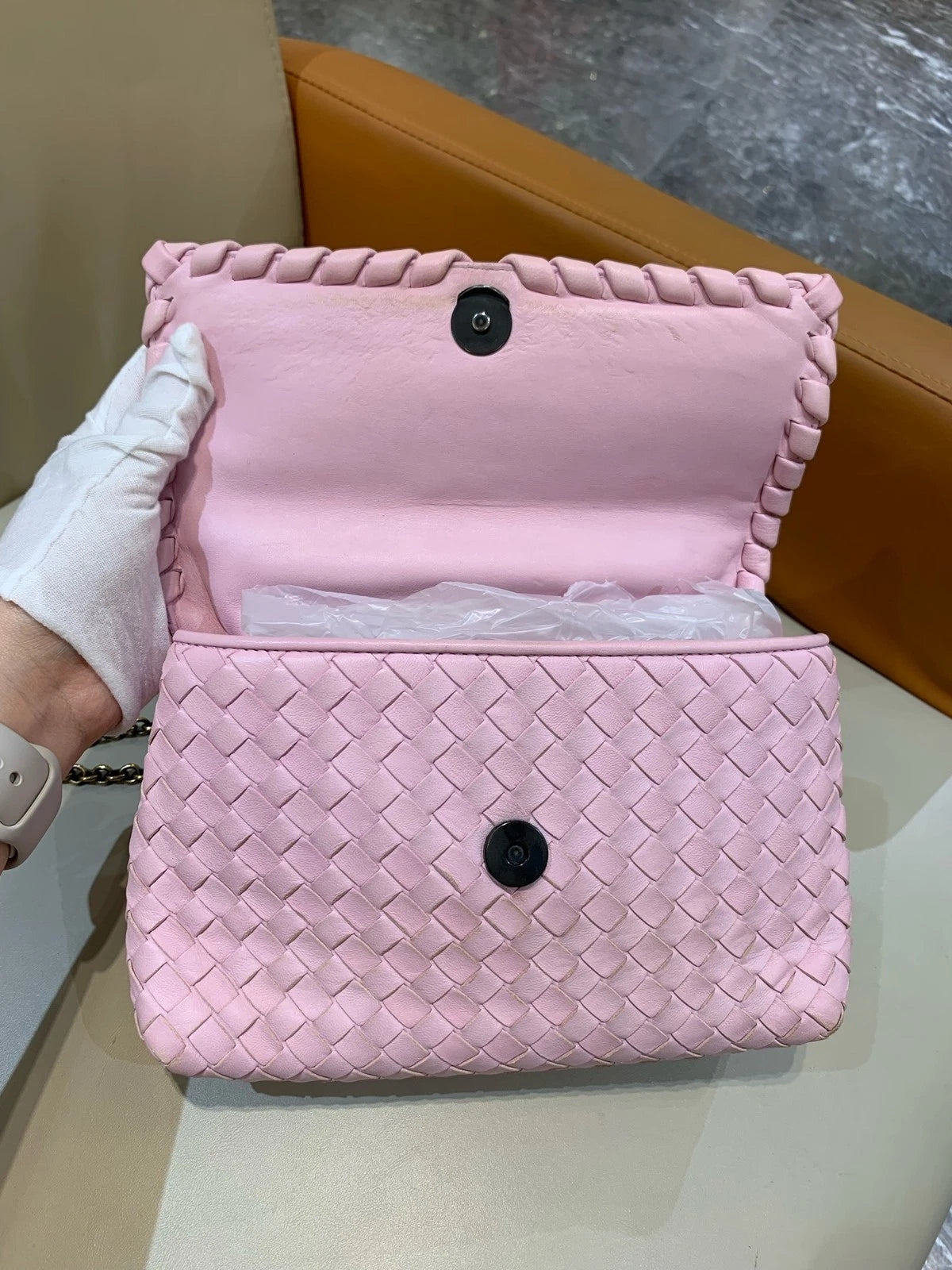 Bottega Veneta Small Olympia Pink Woven Lambskin Shoulder Crossbody Women