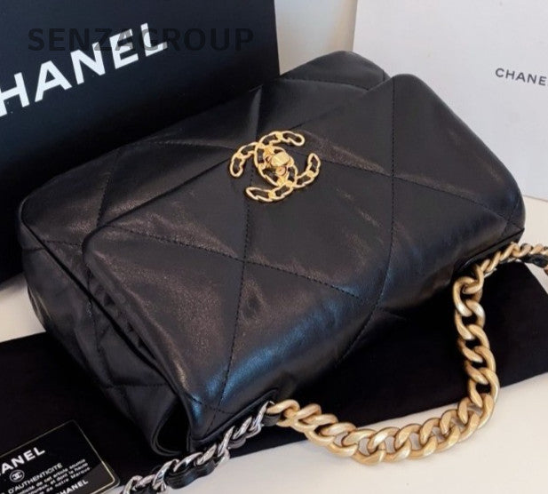 Chanel 19Bag PM Chain Shoulder Bag Crossbody Black Gold Women Classic Diamond