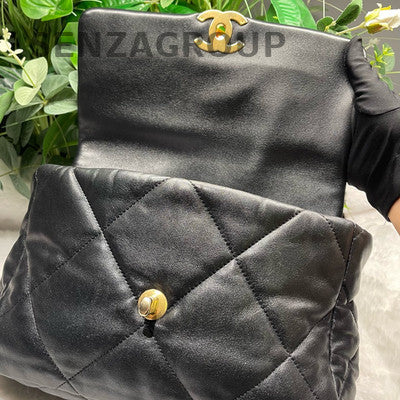 Chanel 19 Medium Quilted Lambskin Shoulder Crossbody Bag Black Gold