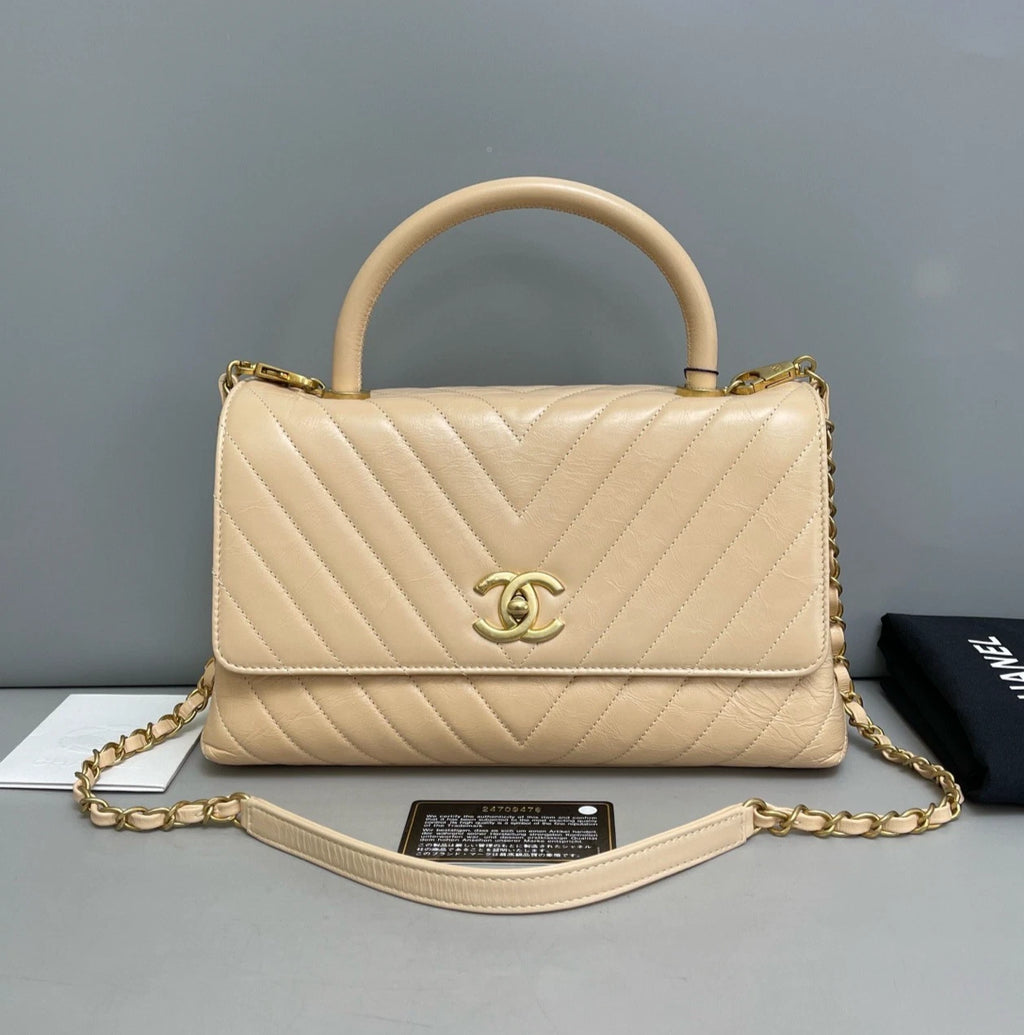 Chanel Coco Handle Calfskin Chevron Top Handle Bag Shoulder Bag Beige Women