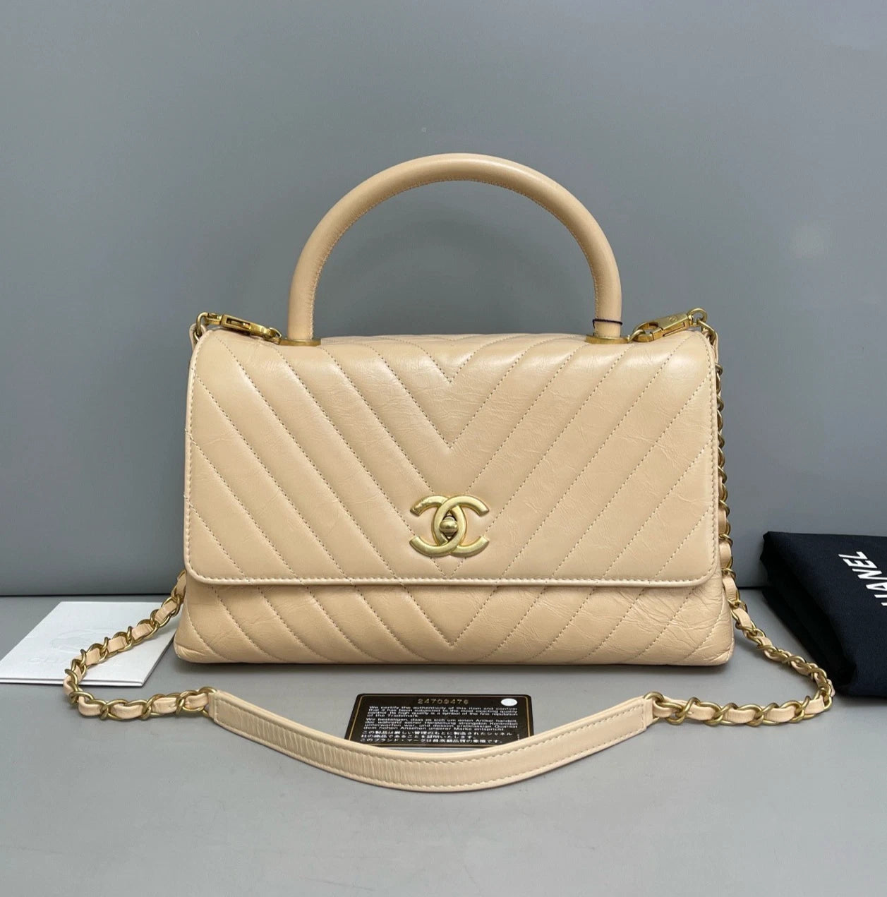 Chanel Coco Handle Calfskin Chevron Top Handle Bag Shoulder Bag Beige Women