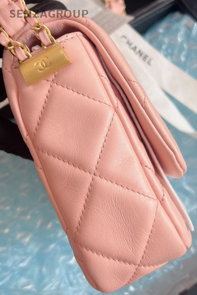 Chanel Calfskin Chain Shoulder Bag Pink Gold Used Women Classic Designer
