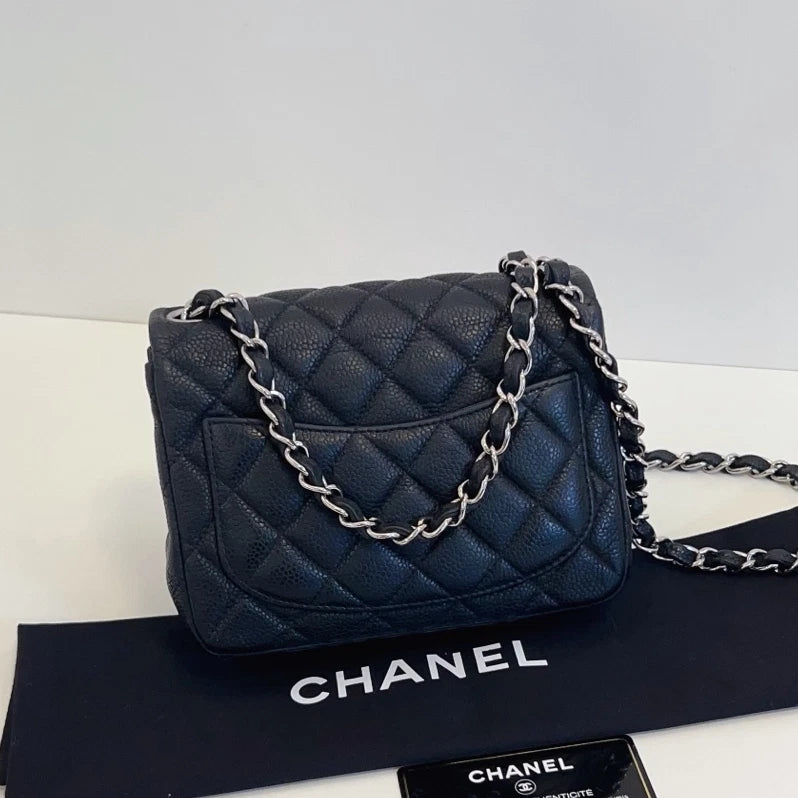 Chanel Classic Flap Chain Shoulder Crossbody Black Silver Women Diamond