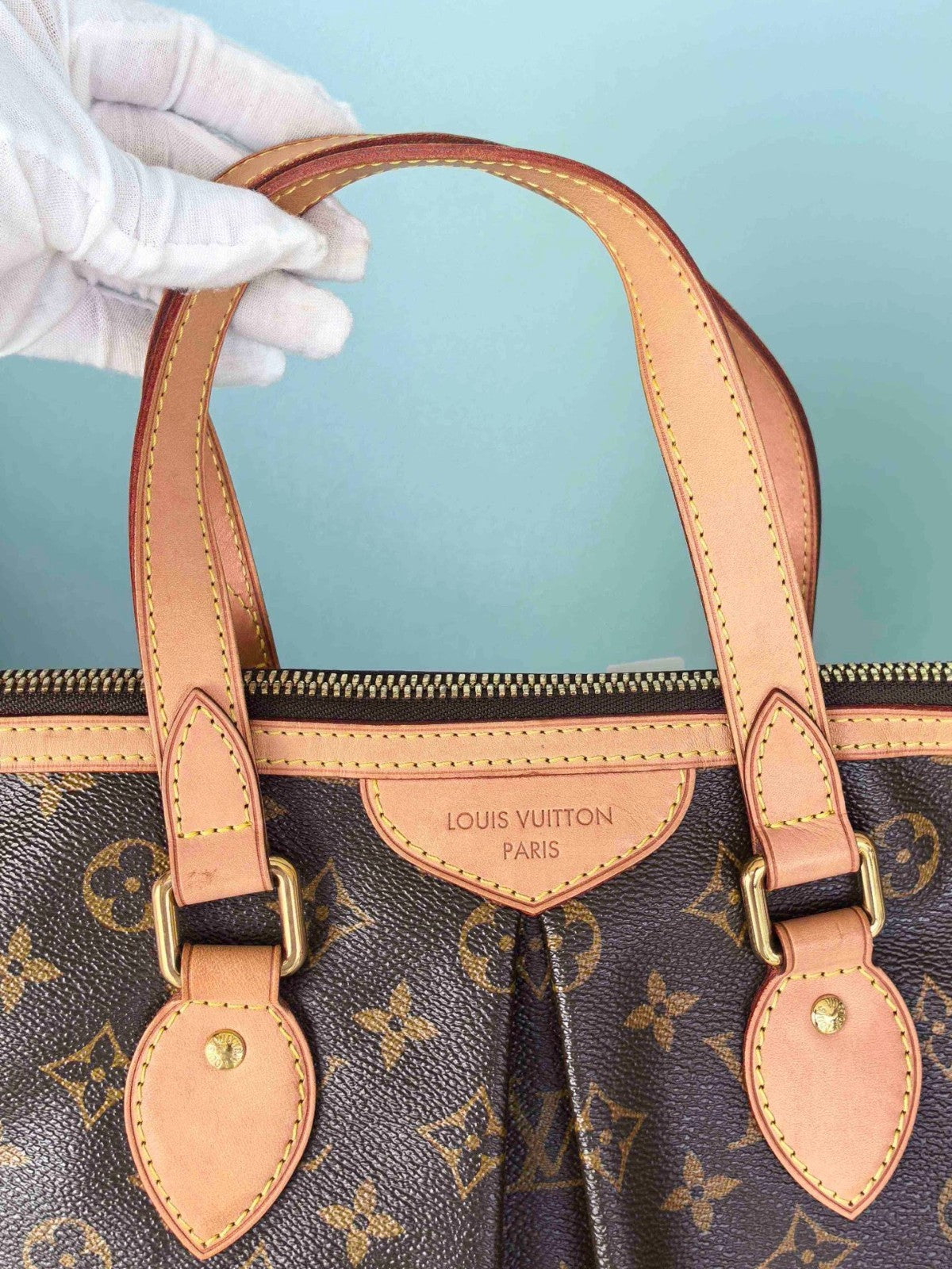 Louis Vuitton Palermo PM Monogram Top Handle Crossbody Brown Gold Women Classic