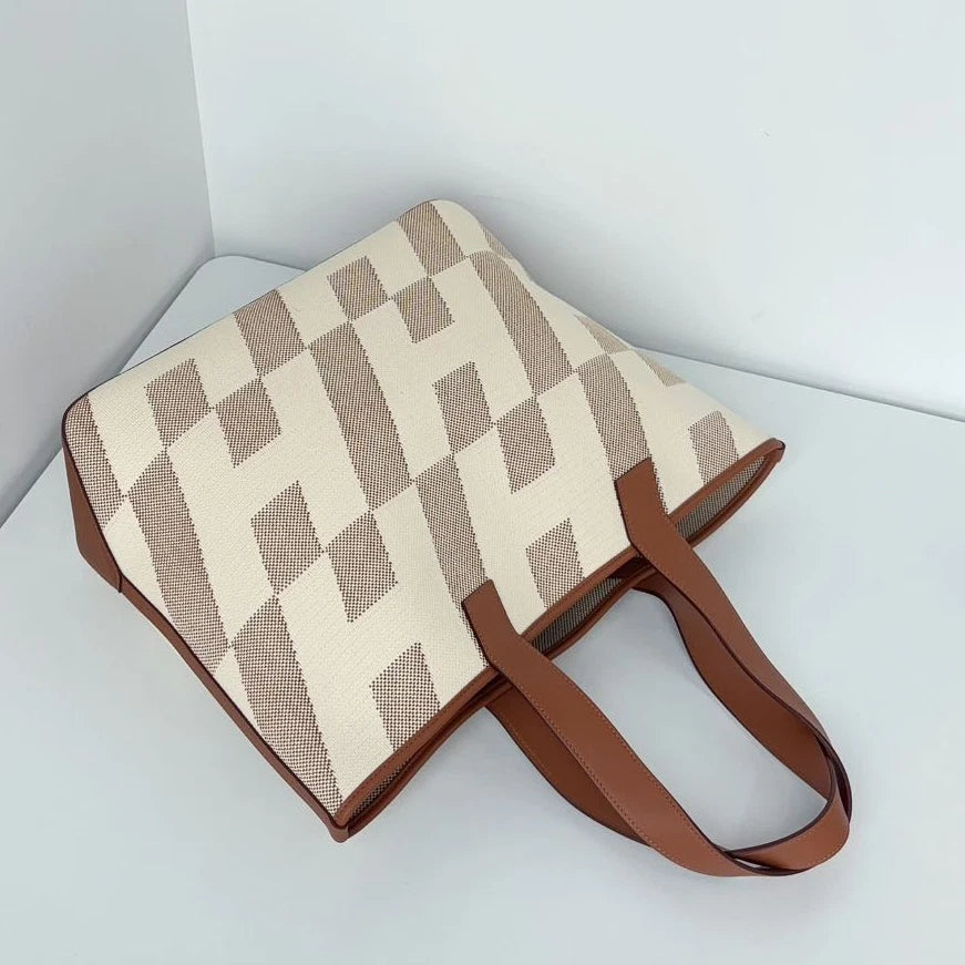 Excellent Hermes Cabas H En Biais Canvas Brown White Tote Handbag Shoulder Bag