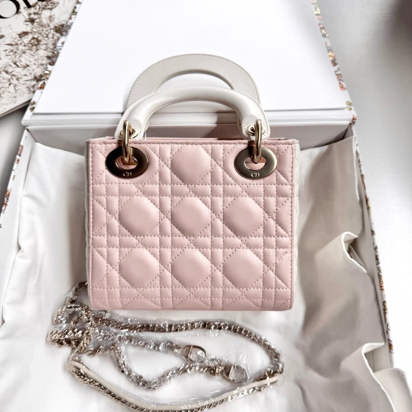 New Dior 3-Grid Lady Dior Pink White Leather Top Handle Bag For Women