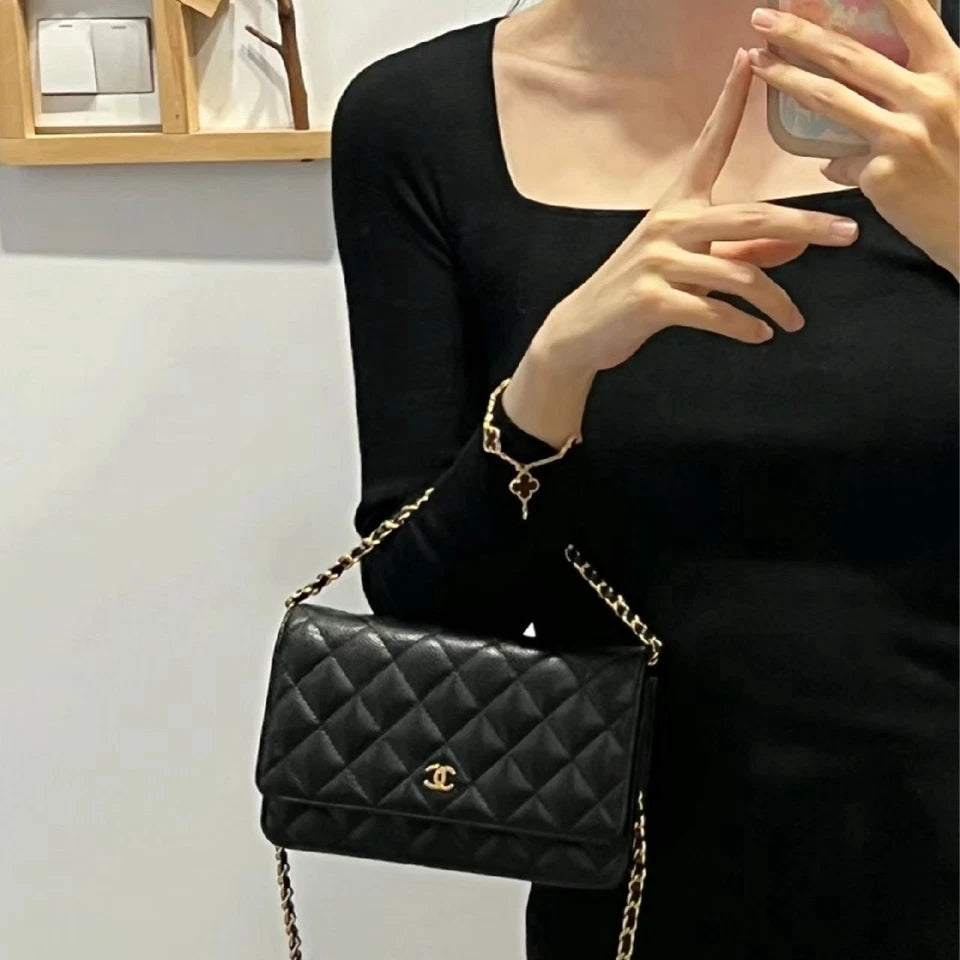 CHANEL Black Gold Lambskin WOC Crossbody Bag For Women