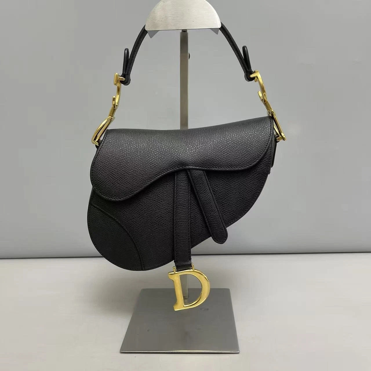 Christian Dior Saddle PM Shoulder Bag Black Gold Calfskin Women Classic