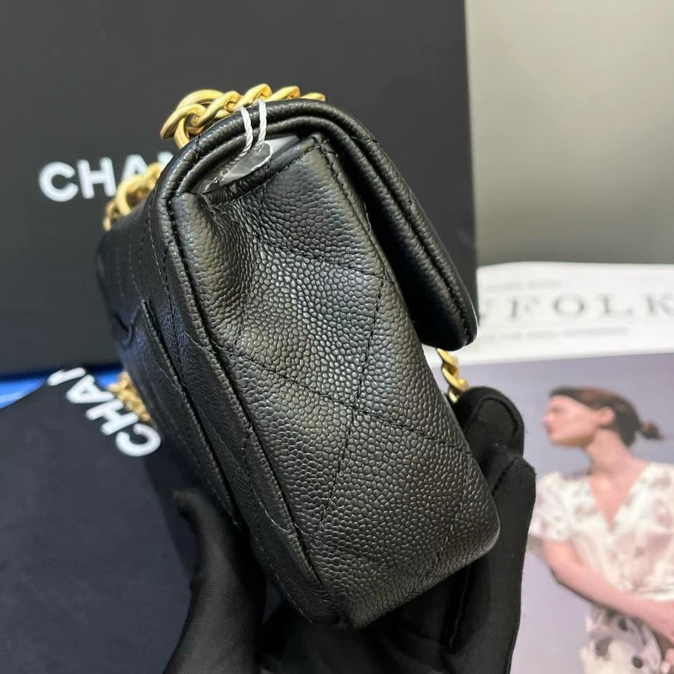 Chanel Calfskin Chain Shoulder Bag Crossbody Black Gold Diamond Women Classic