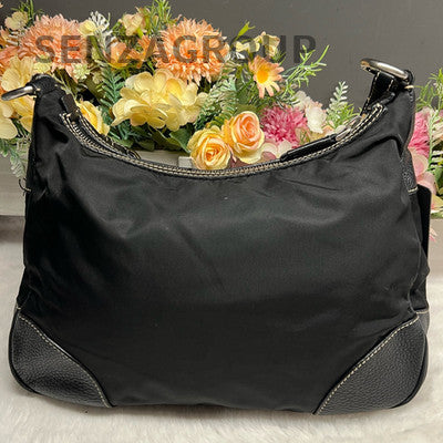 Prada Black Silver Nylon Hobo Shoulder Bag Classic Fashion Women