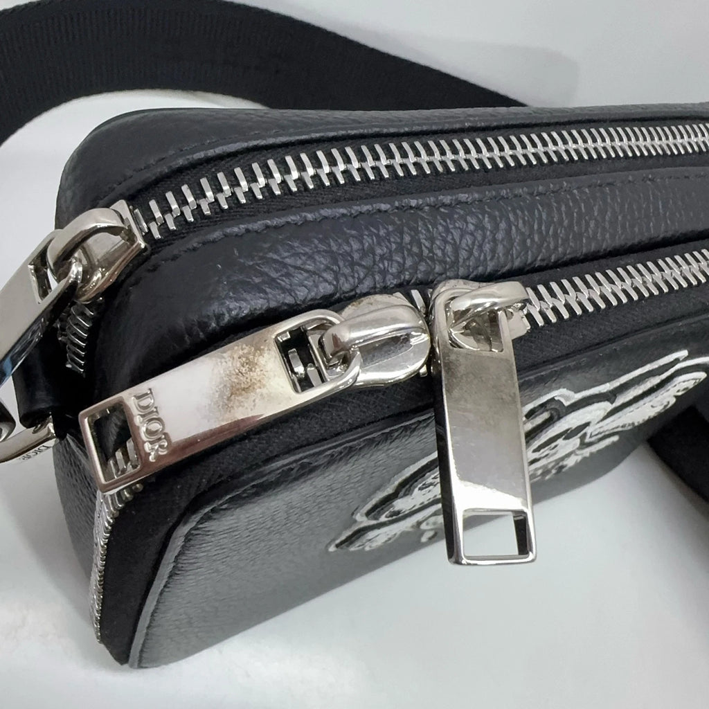Dior x Shawn Bee Embroidered Leather Crossbody Shoulder Bag For Women Black