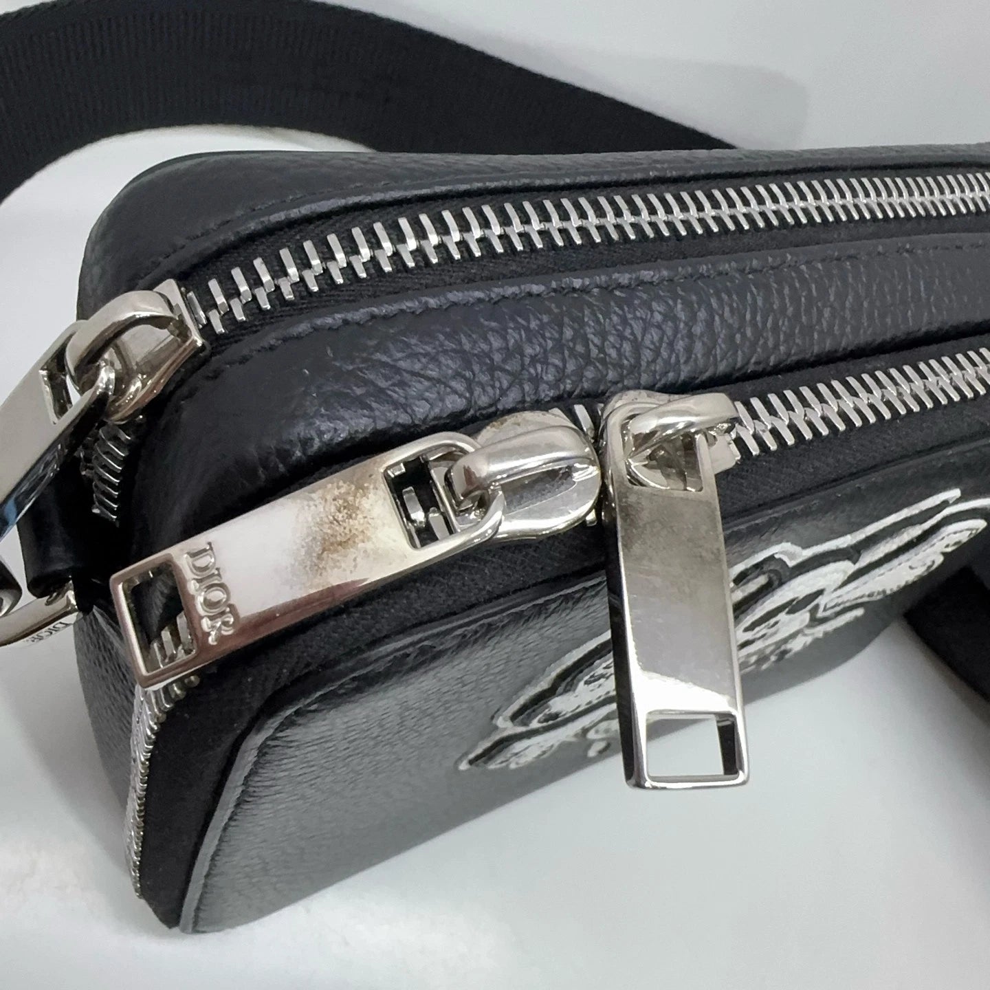 Dior x Shawn Bee Embroidered Leather Crossbody Shoulder Bag For Women Black