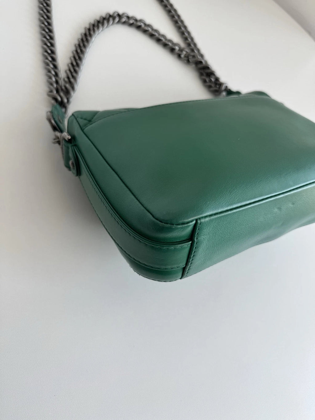 Chanel Classic Flap Calfskin Chain Shoulder Bag Crossbody Green Silver Women