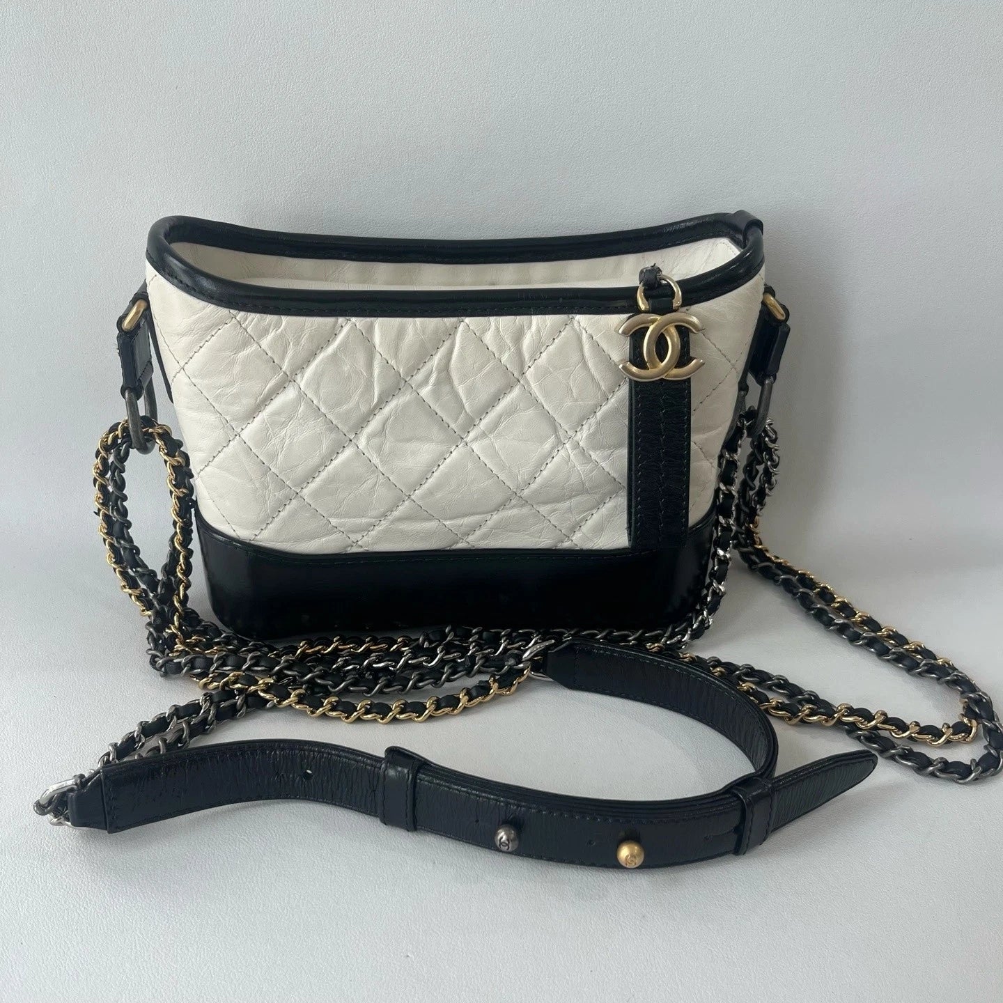 CHANEL Black White Small Calfskin Crossbody Shoulder Bag Women