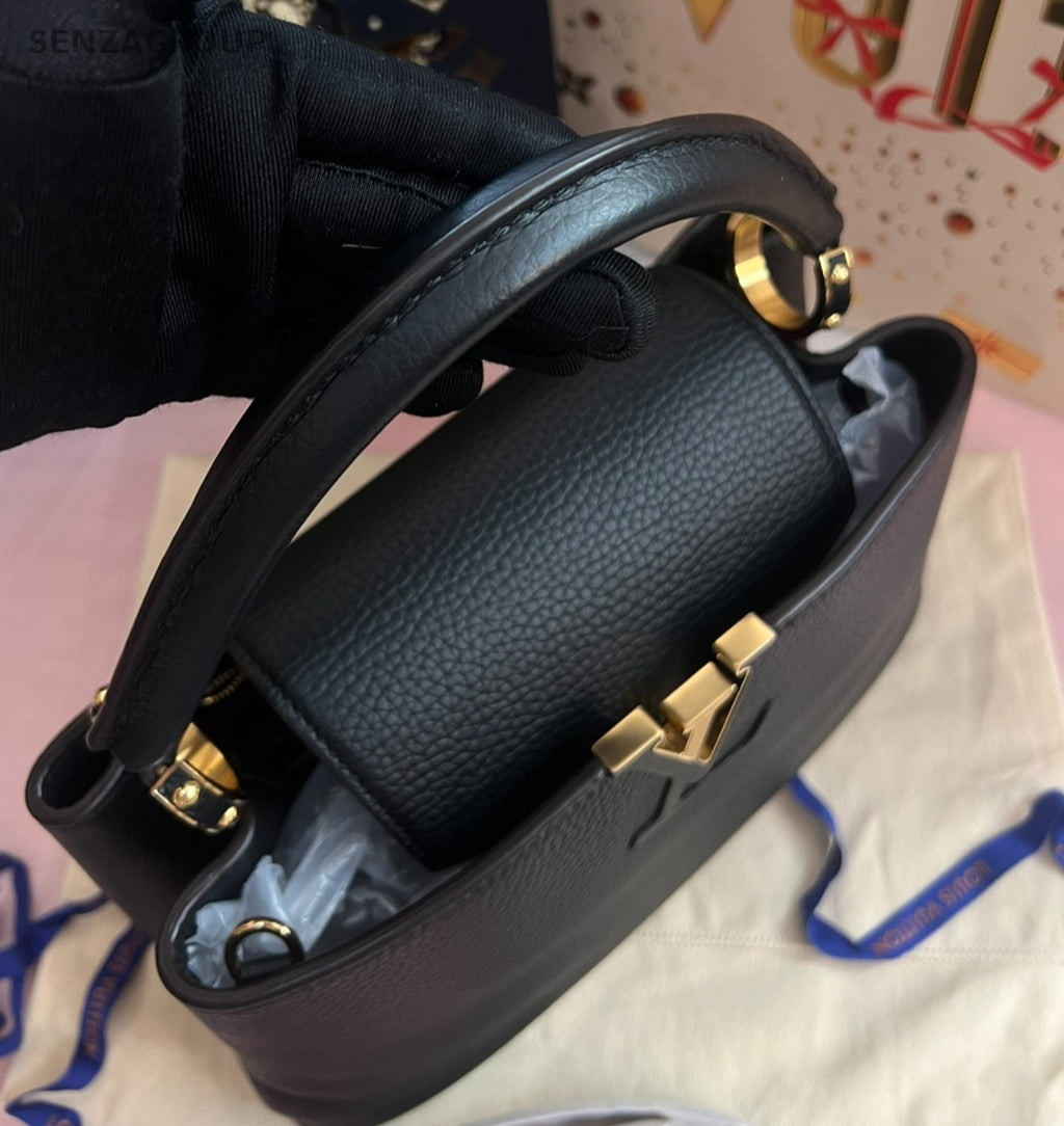 Louis Vuitton Capucines MM Top Handle 2Way Shoulder Handbag Black Gold Women