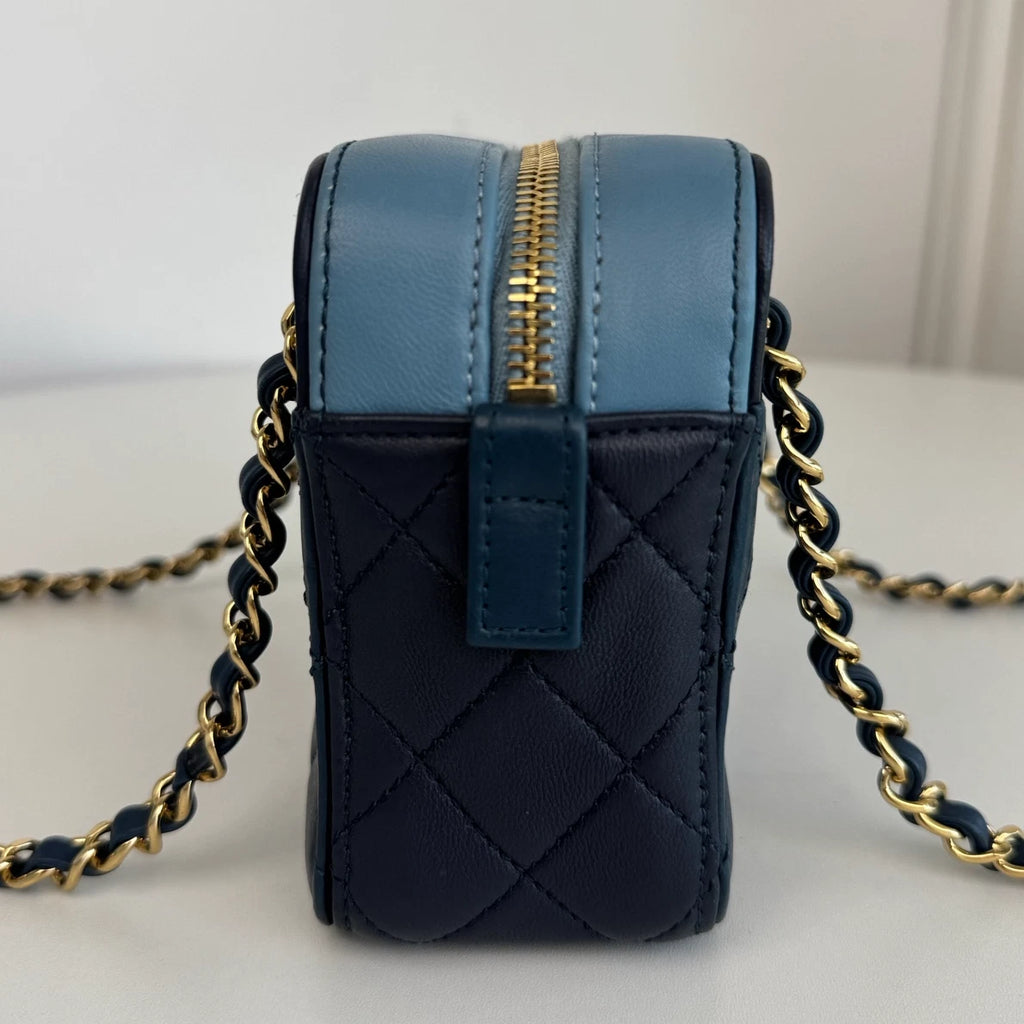 Chanel Diamond Camera Bag Double Chain Blue Shoulder Bag Gold Hardware