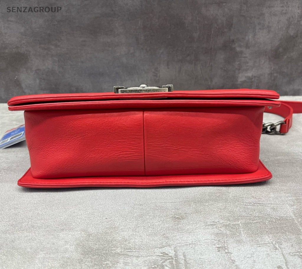 Chanel Leboy MM Calfskin Chain Shoulder Bag Red Silver Women Classic