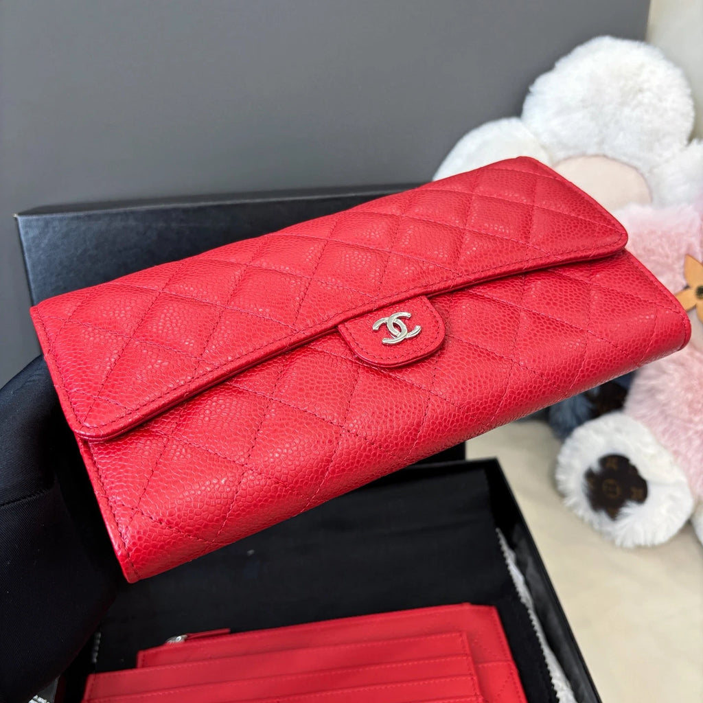 Chanel Calfskin Diamond Clutch Red Silver Women Classic