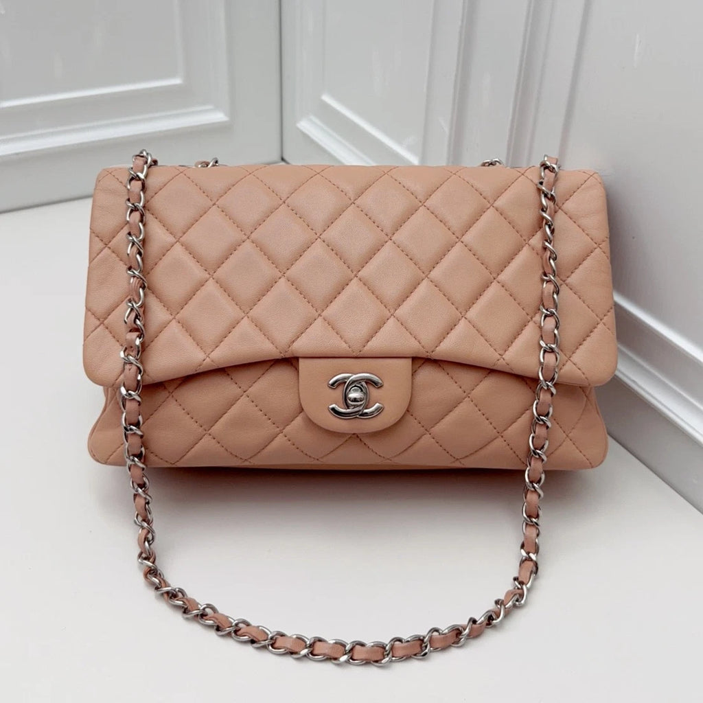 Chanel Classic Flap Lambskin Chain Shoulder Bag Pink Silver Women Diamond