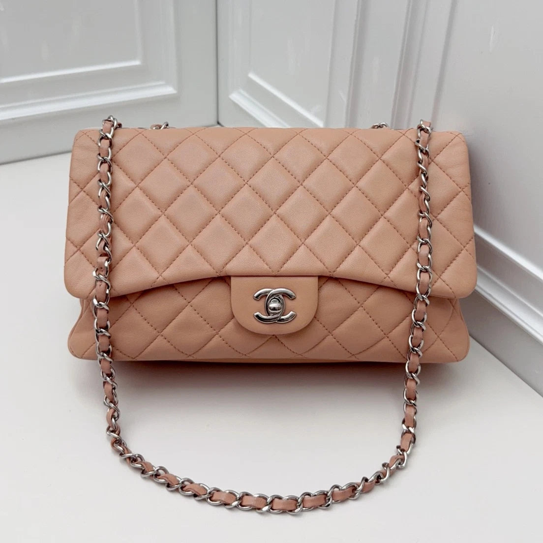 Chanel Classic Flap Lambskin Chain Shoulder Bag Pink Silver Women Diamond