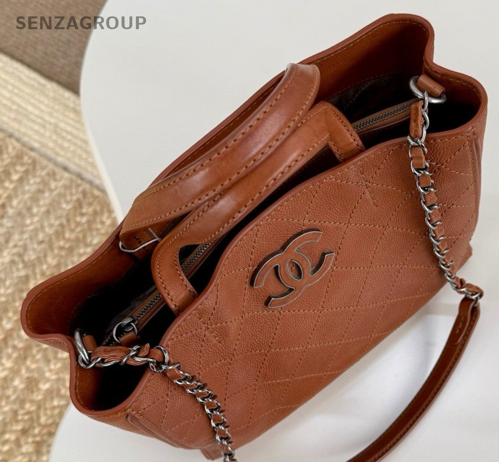 Chanel Calfskin Tote Chain Top Handle Shoulder Bag Brown Silver Women Classic