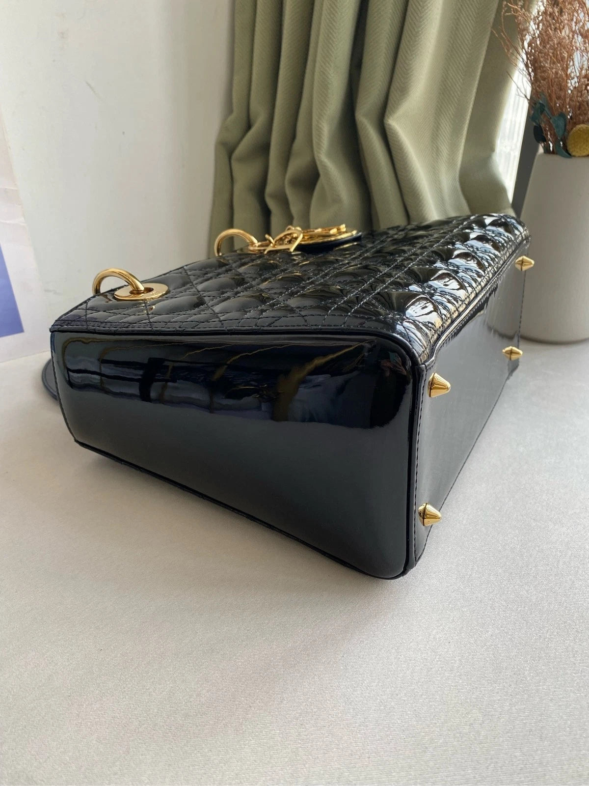 Dior Black Gold Patent Leather Lady Dior Handbag Shoulder Bag For Women