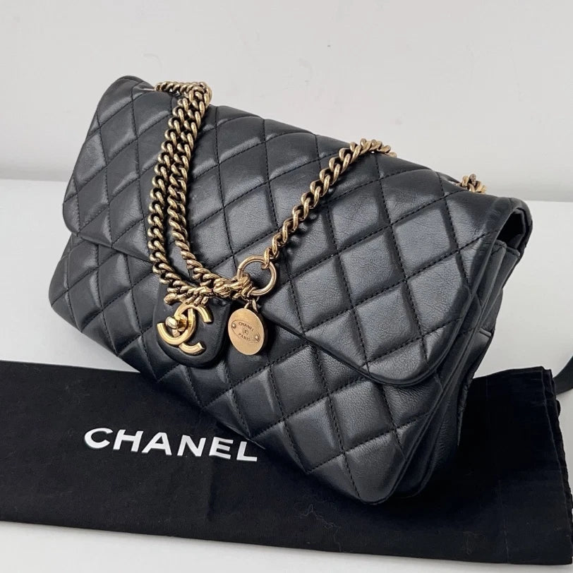 Chanel Classic Flap Jumbo Calfskin Gold Coin Chain Black Shoulder Bag Crossbody