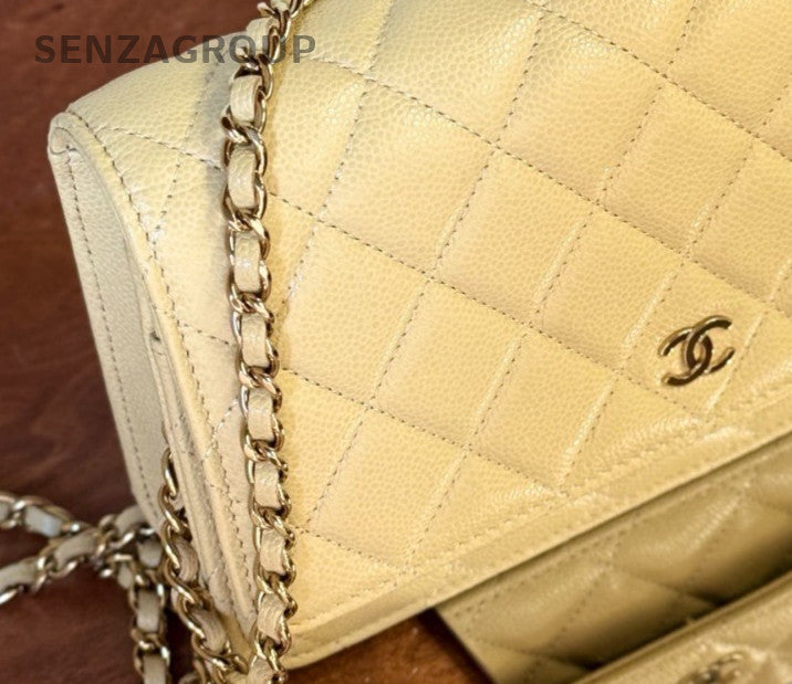 Chanel WOC Calfskin Diamond Chain Shoulder Bag Yellow Gold Used Women Classic
