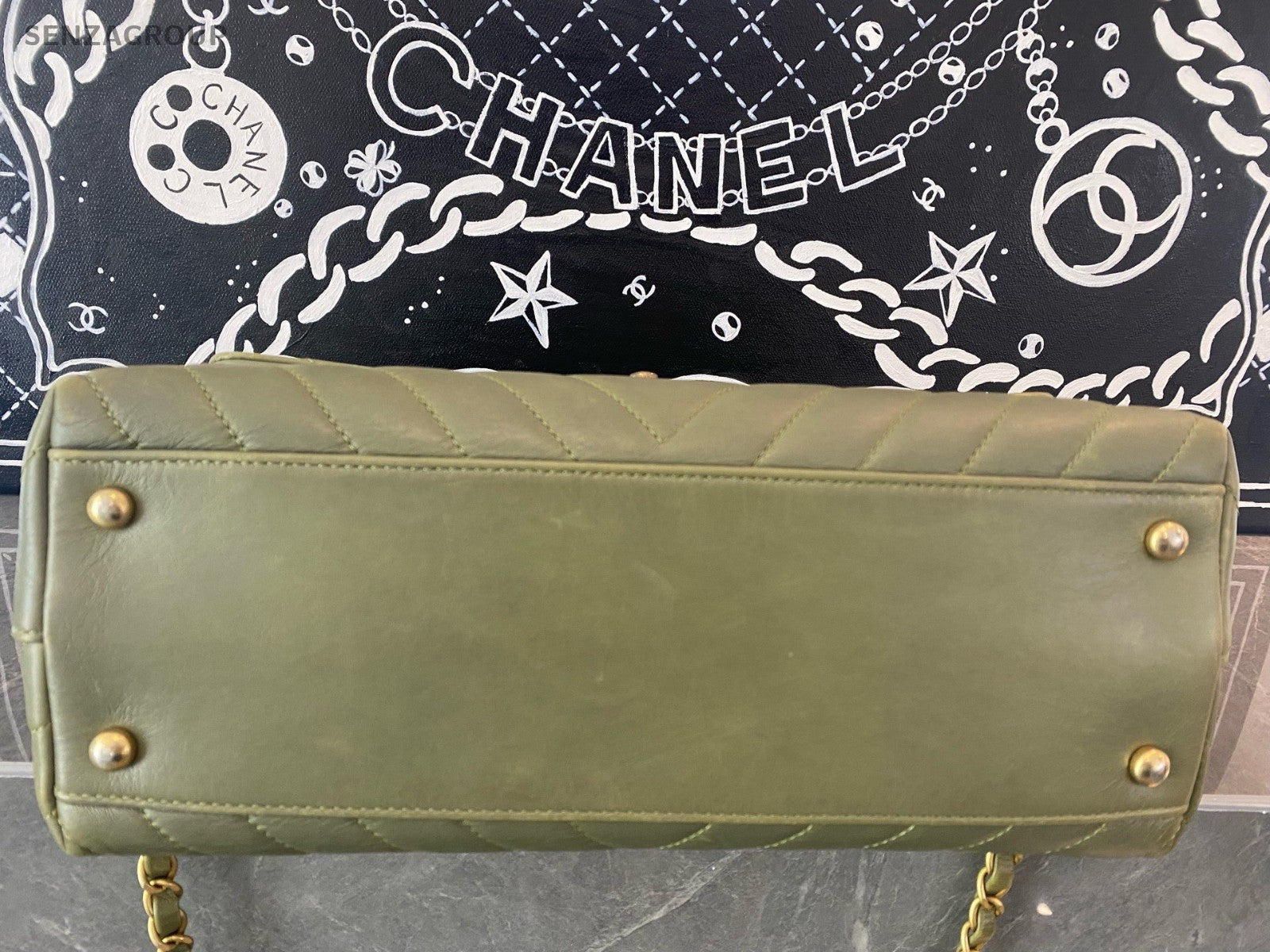 Chanel Cocohandle MM Top Handle Bag Chain Crossbody Green Gold Women Classic