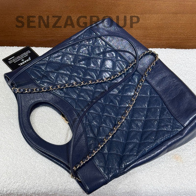 Chanel 31 Blue Gold Quilted Chain Shoulder Bag Classic Women's