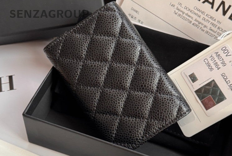 CHANEL Classic Flap Black gold litchi cowhide card case Coin purse women